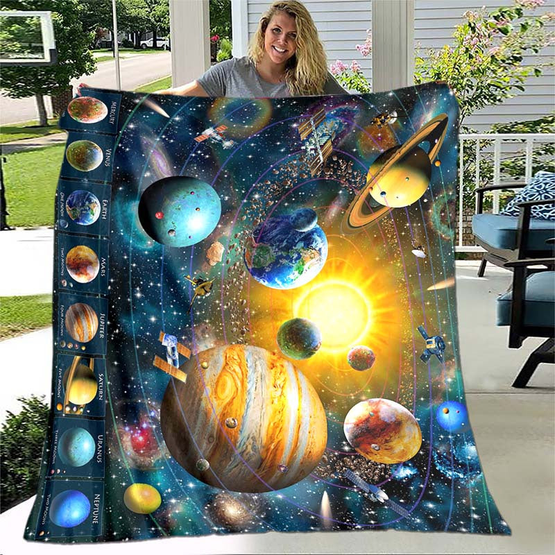 Soft and warm flannel throw blanket with a cosmic planet design, perfect for home, travel, camping, and more. Lightweight and cozy, great for sofa, bed, living room, office, or any seating area. Features digital printing on fleece fabric for a stylish