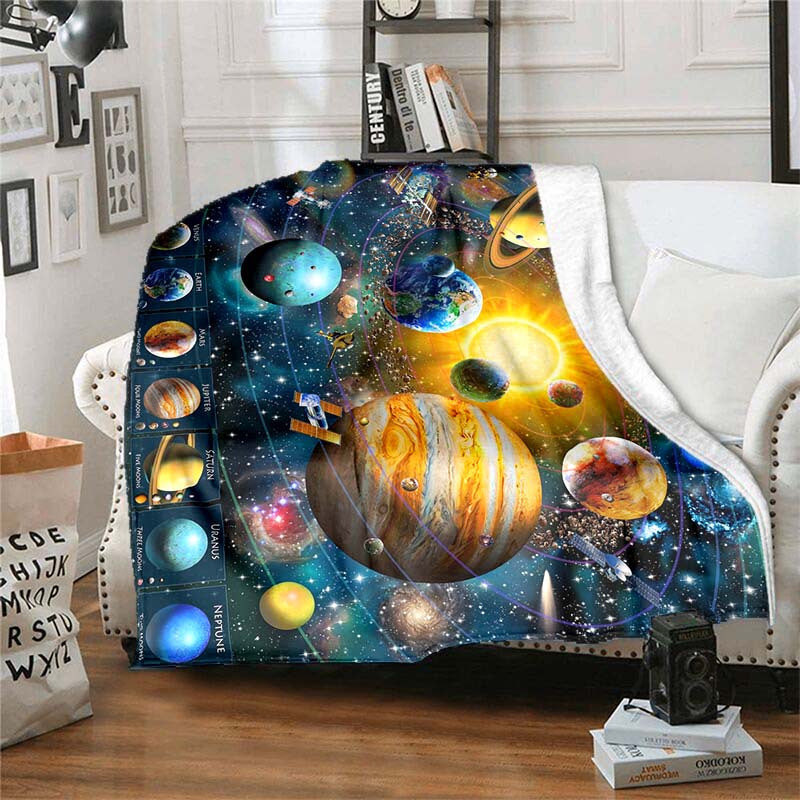 Soft and warm flannel throw blanket with a cosmic planet design, perfect for home, travel, camping, and more. Lightweight and cozy, great for sofa, bed, living room, office, or any seating area. Features digital printing on fleece fabric for a stylish