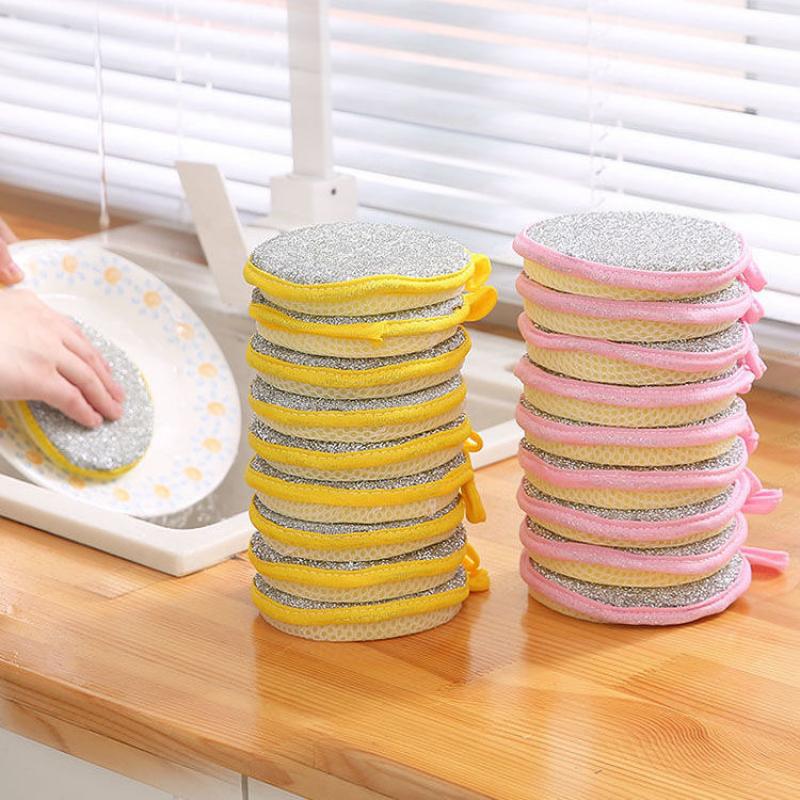 12 dual-sided microfiber kitchen sponges in pink, green, and yellow. Soft and scrubbing sides for efficient dishwashing. Reusable, oil-free, and stain-removing with a hanging hole design.