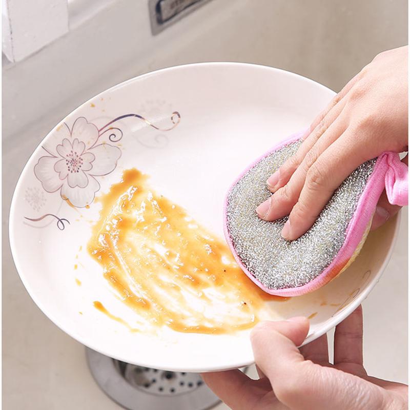 12 dual-sided microfiber kitchen sponges in pink, green, and yellow. Soft and scrubbing sides for efficient dishwashing. Reusable, oil-free, and stain-removing with a hanging hole design.