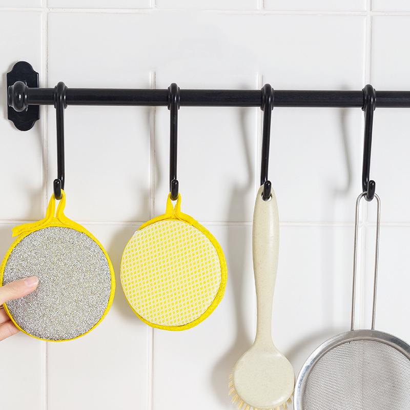 12 dual-sided microfiber kitchen sponges in pink, green, and yellow. Soft and scrubbing sides for efficient dishwashing. Reusable, oil-free, and stain-removing with a hanging hole design.