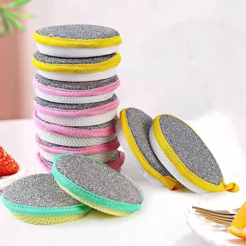 12 dual-sided microfiber kitchen sponges in pink, green, and yellow. Soft and scrubbing sides for efficient dishwashing. Reusable, oil-free, and stain-removing with a hanging hole design.