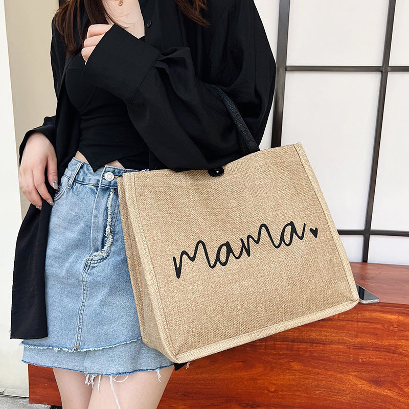 Versatile Linen Shoulder Bag with Trendy Letter Print - Ideal for Hospitals, Shopping, Beach, and Travel - Spacious Mommy Bag for Stylish Women