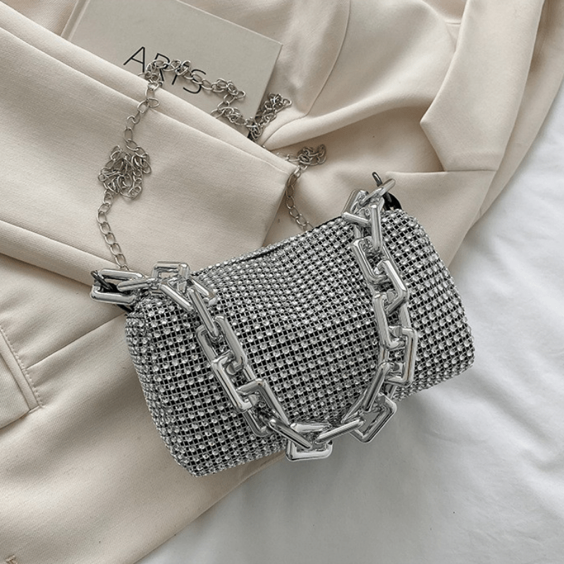 Modern Square Bag with Chain, Stylish Cell Phone Pouch, Trendy Handbag with Sparkling Faux Diamonds, Fashionable Textured Bag