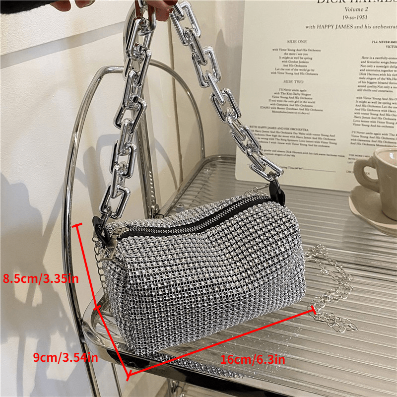 Modern Square Bag with Chain, Stylish Cell Phone Pouch, Trendy Handbag with Sparkling Faux Diamonds, Fashionable Textured Bag