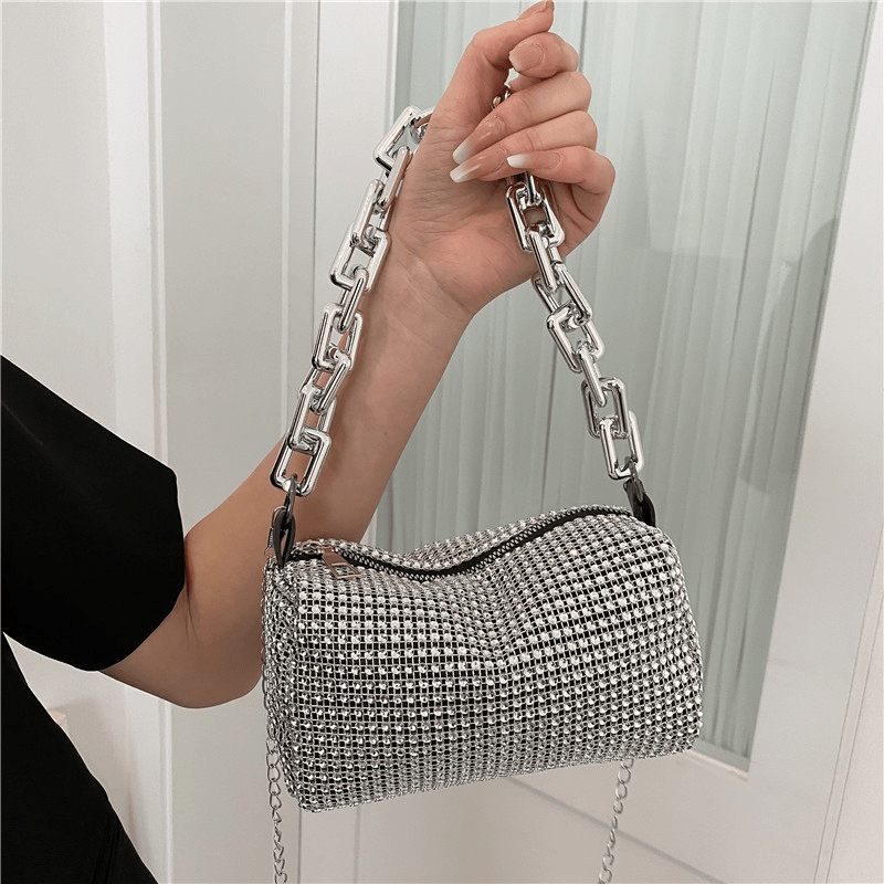 Modern Square Bag with Chain, Stylish Cell Phone Pouch, Trendy Handbag with Sparkling Faux Diamonds, Fashionable Textured Bag