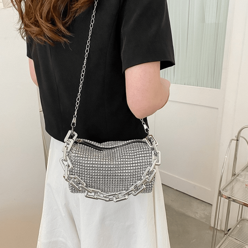 Modern Square Bag with Chain, Stylish Cell Phone Pouch, Trendy Handbag with Sparkling Faux Diamonds, Fashionable Textured Bag