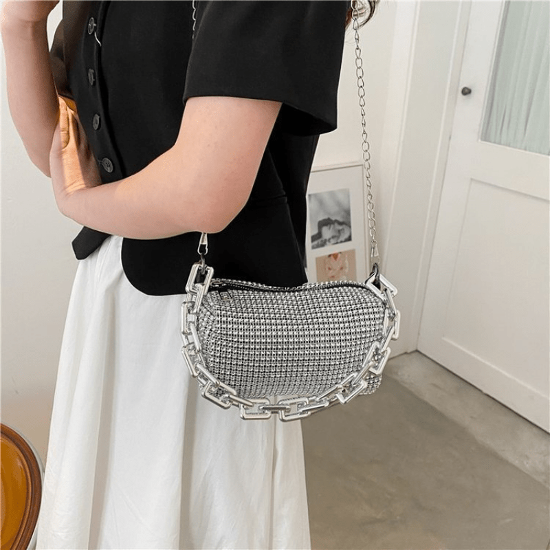 Modern Square Bag with Chain, Stylish Cell Phone Pouch, Trendy Handbag with Sparkling Faux Diamonds, Fashionable Textured Bag