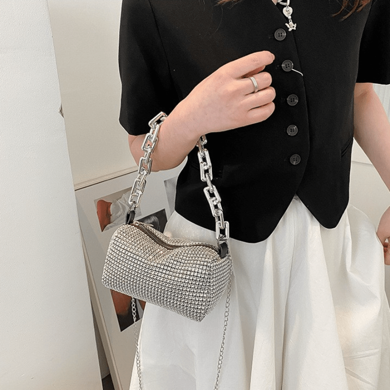 Modern Square Bag with Chain, Stylish Cell Phone Pouch, Trendy Handbag with Sparkling Faux Diamonds, Fashionable Textured Bag