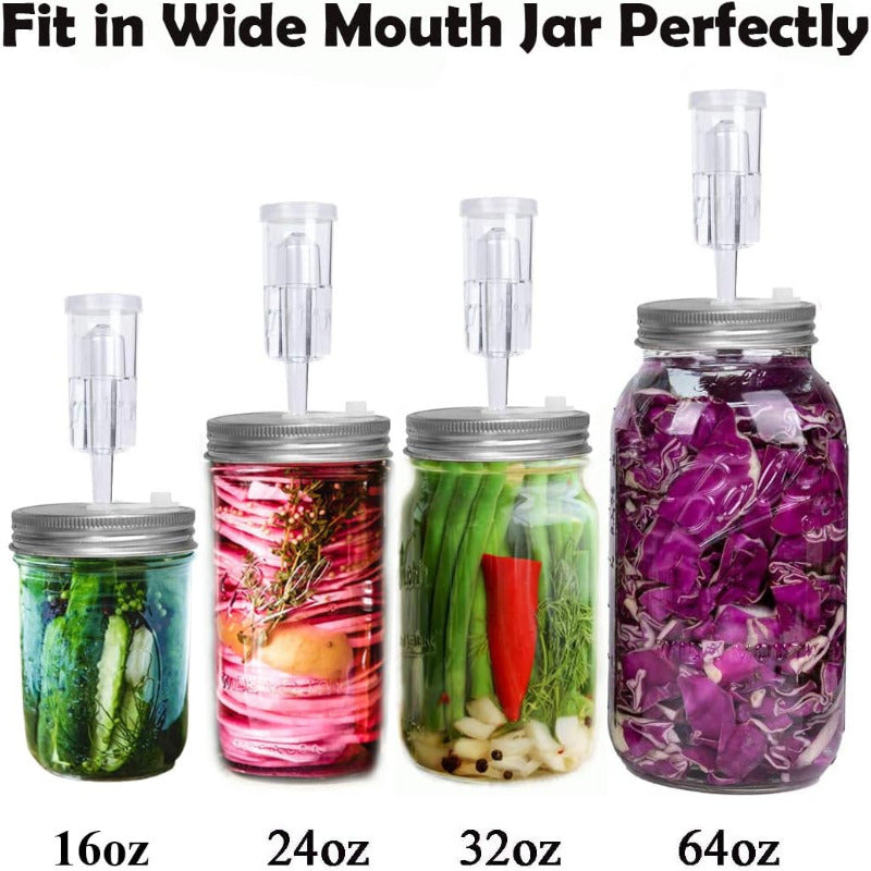 Set of 4 fermentation lids designed for wide mouth jars, including 4 stainless steel fermenting lids, 4 silicone grommets, 4 airlocks, and 4 silicone rings. Jars not included.