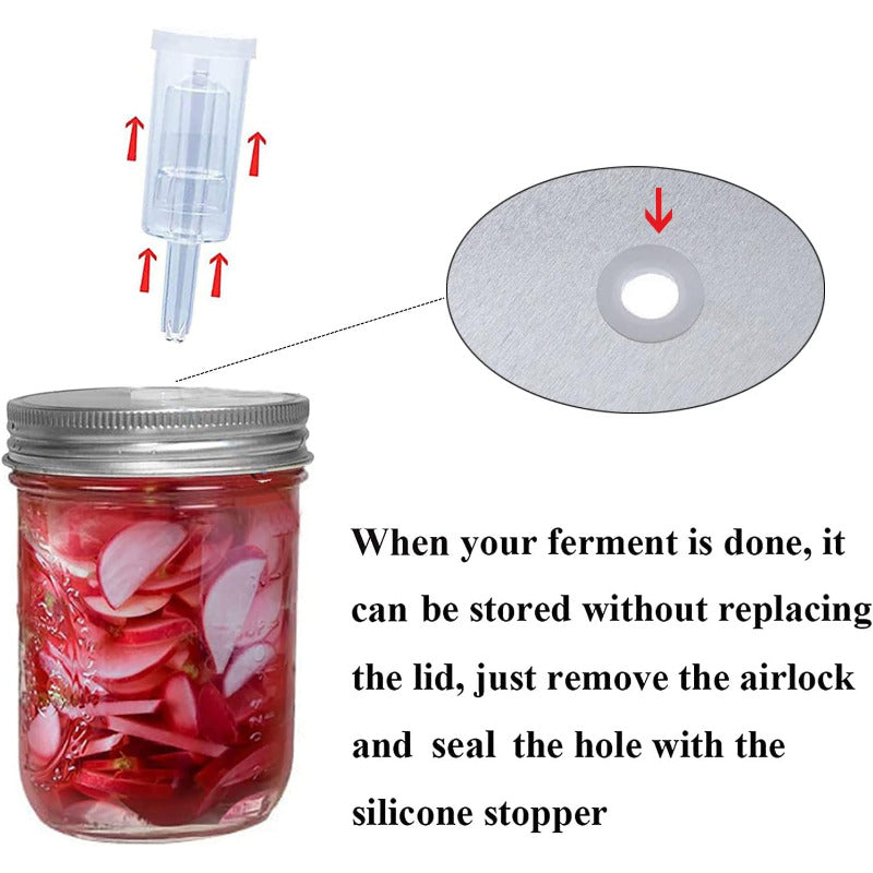 Set of 4 fermentation lids designed for wide mouth jars, including 4 stainless steel fermenting lids, 4 silicone grommets, 4 airlocks, and 4 silicone rings. Jars not included.