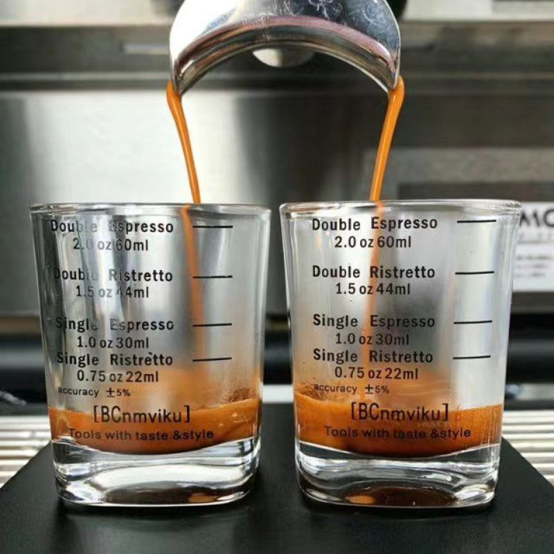 Two pieces of Espresso Measuring Cups made of Thickened Glass, Heat-Resistant with Graduated Ounces for Precise Coffee Roasting & Brewing, Square in Shape, Concentrated