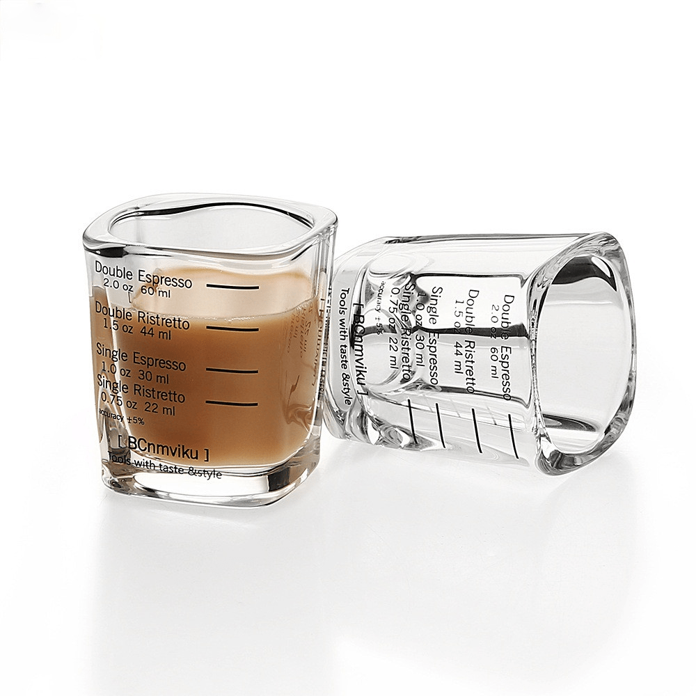 Two pieces of Espresso Measuring Cups made of Thickened Glass, Heat-Resistant with Graduated Ounces for Precise Coffee Roasting & Brewing, Square in Shape, Concentrated