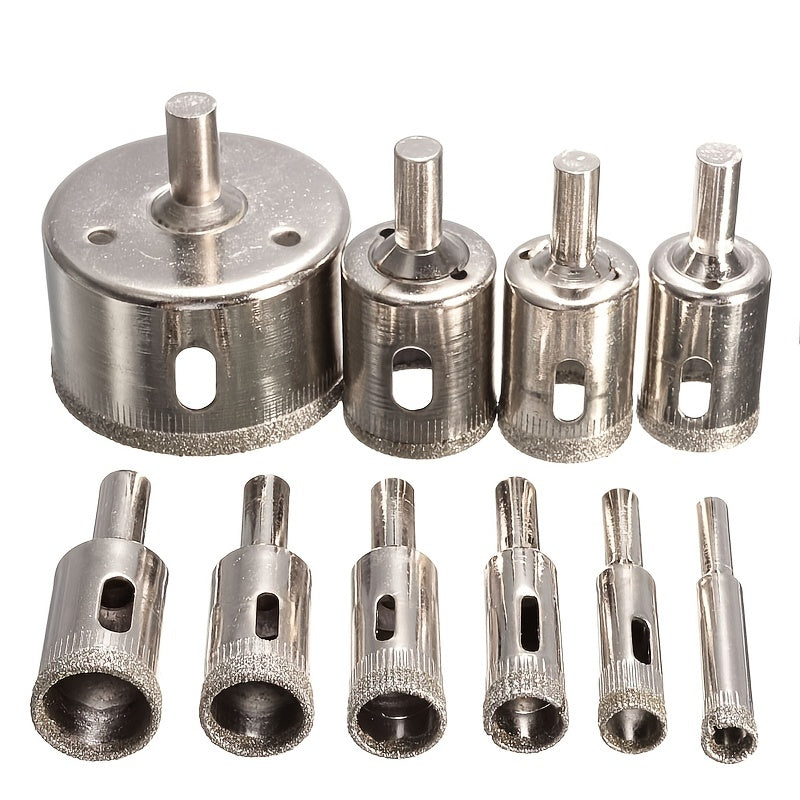 Set of 10 diamond-coated hole saw drill bits for precise drilling in tile, marble, glass, and ceramic.