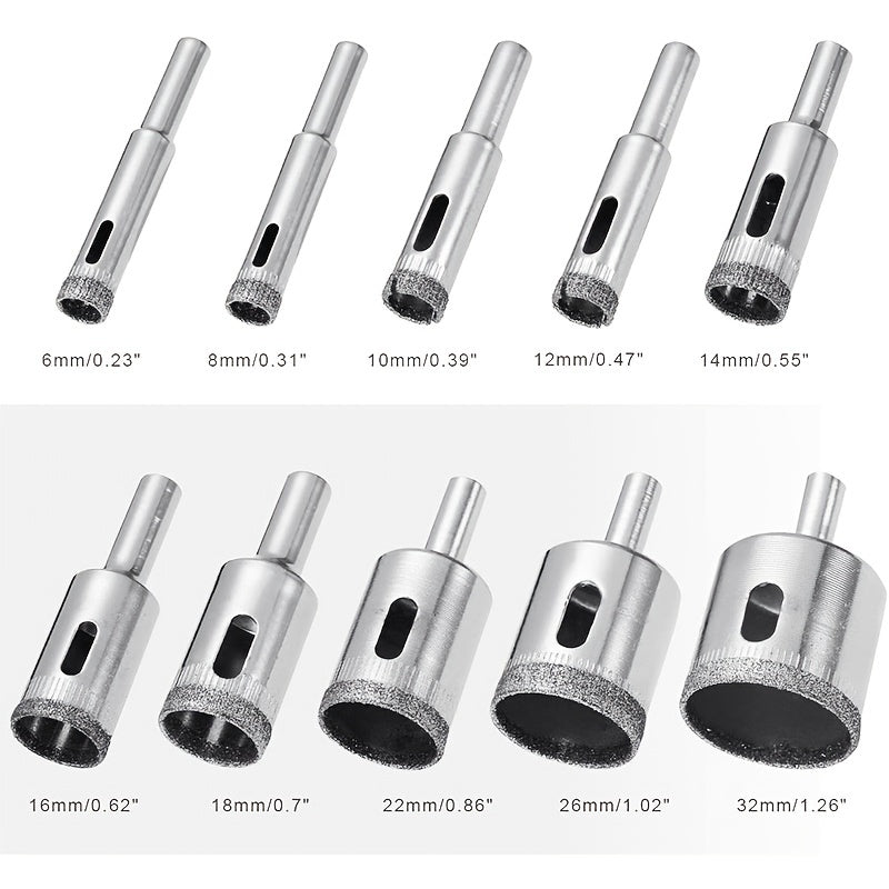 Set of 10 diamond-coated hole saw drill bits for precise drilling in tile, marble, glass, and ceramic.