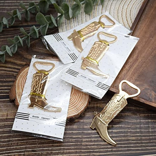 Cowboy boot shaped bottle opener, available in packs of 20 or 40 pieces. Ideal for bars or homes. Perfect as a wedding favor gift or bar accessory.