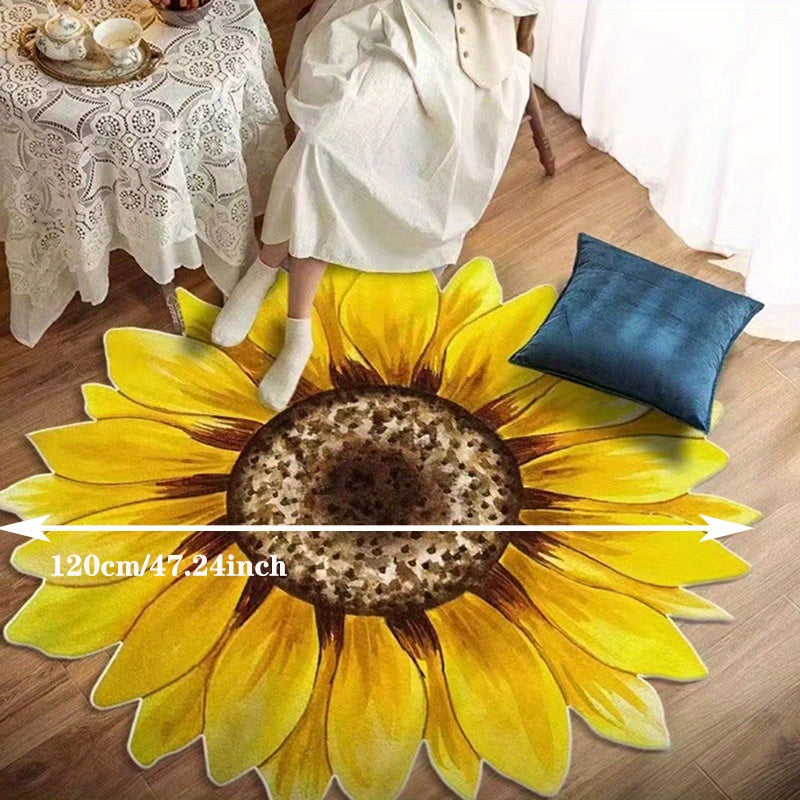 Upgrade your space with our Vibrant Sunflower-Inspired Area Mat! Made from soft polyester, this machine washable mat is perfect for the living room, bedroom, cloakroom, and more. Add a pop of color to any space with this stylish rug, perfect for