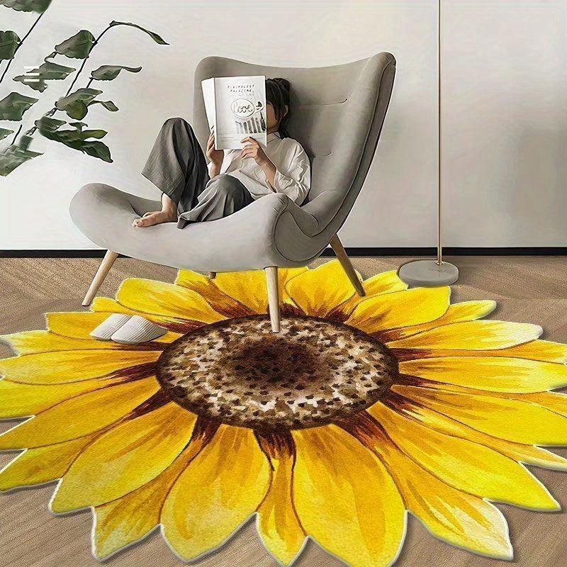 Upgrade your space with our Vibrant Sunflower-Inspired Area Mat! Made from soft polyester, this machine washable mat is perfect for the living room, bedroom, cloakroom, and more. Add a pop of color to any space with this stylish rug, perfect for