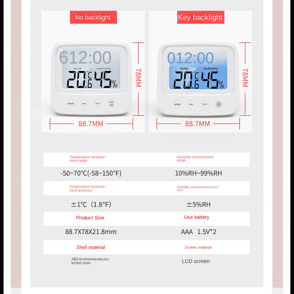 LCD Digital Thermometer & Hygrometer with Clock - Accurate Temperature and Humidity Monitor for various spaces - Battery Operated (AAA) - Includes Hygrometer.