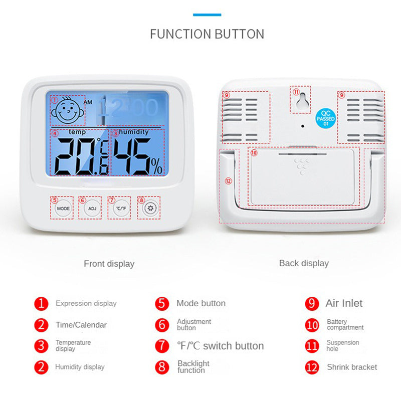 LCD Digital Thermometer & Hygrometer with Clock - Accurate Temperature and Humidity Monitor for various spaces - Battery Operated (AAA) - Includes Hygrometer.