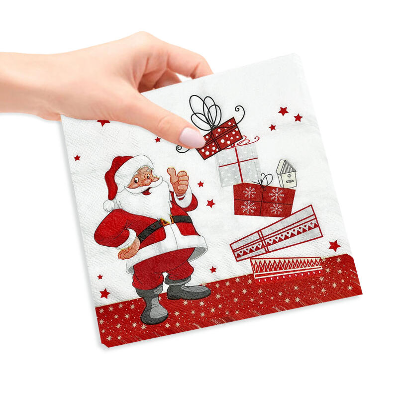 20 pieces of Christmas napkins featuring Santa Claus for the festive season. These disposable paper napkins are perfect for holiday gatherings, cocktails, and Christmas dinners.