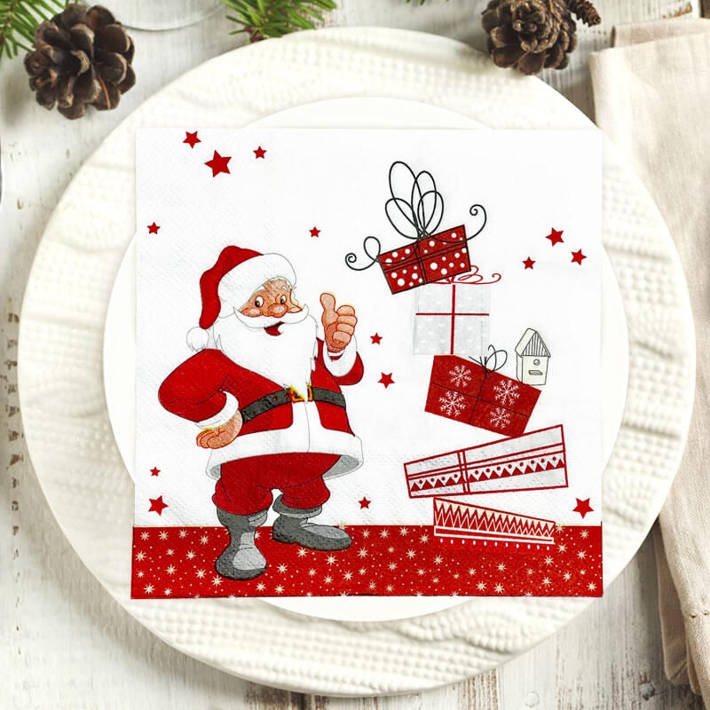 20 pieces of Christmas napkins featuring Santa Claus for the festive season. These disposable paper napkins are perfect for holiday gatherings, cocktails, and Christmas dinners.