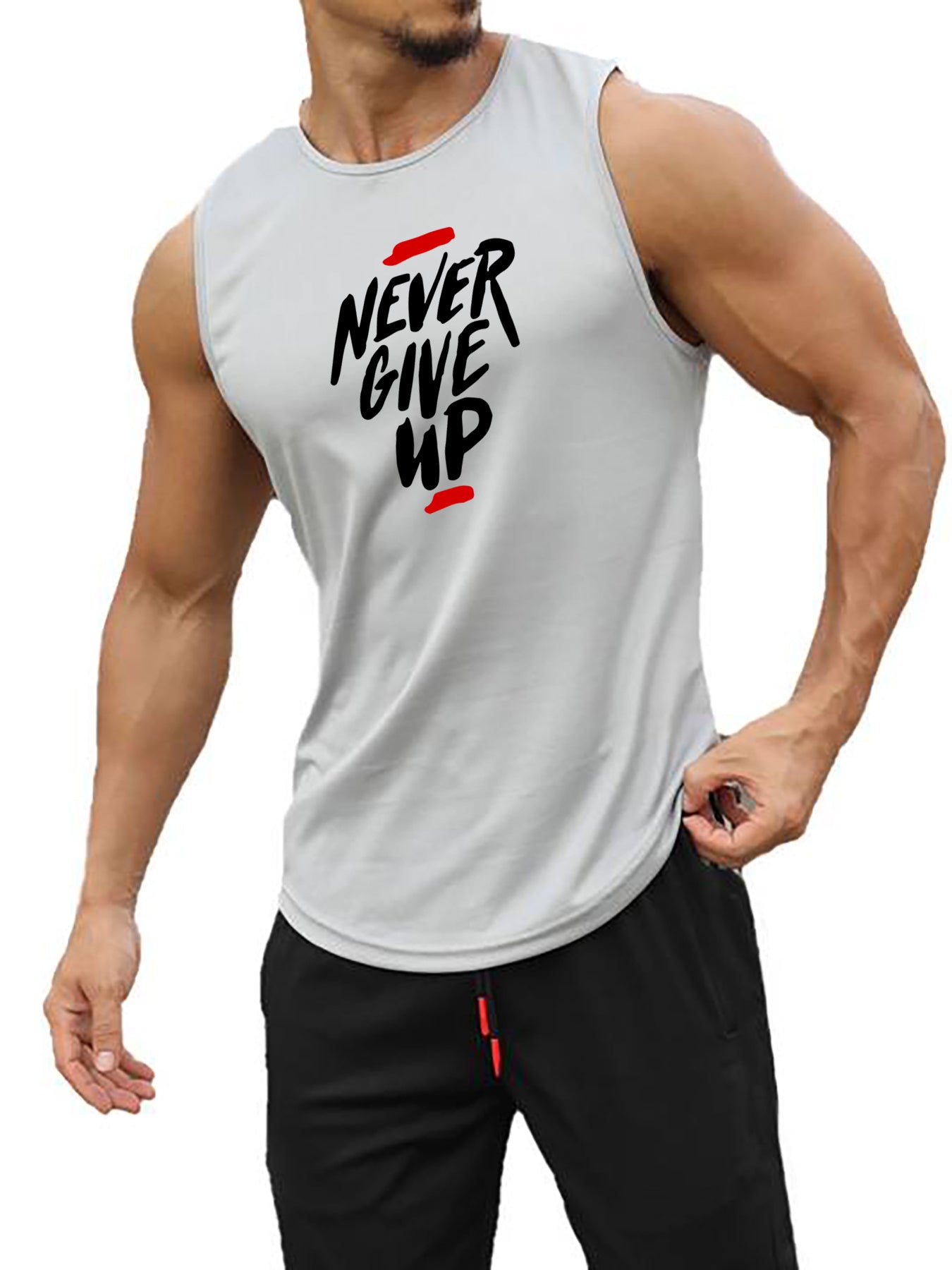 Comfy and breathable tank top for men, perfect for summer workouts and basketball training. Features bold "Never Give Up" print.