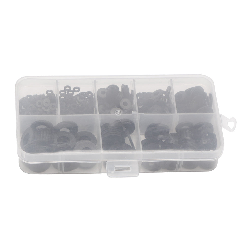 500 piece set of plastic sealing washers in various sizes (M2, M2.5, M3, M4, M5, M6, M8) for fastening.