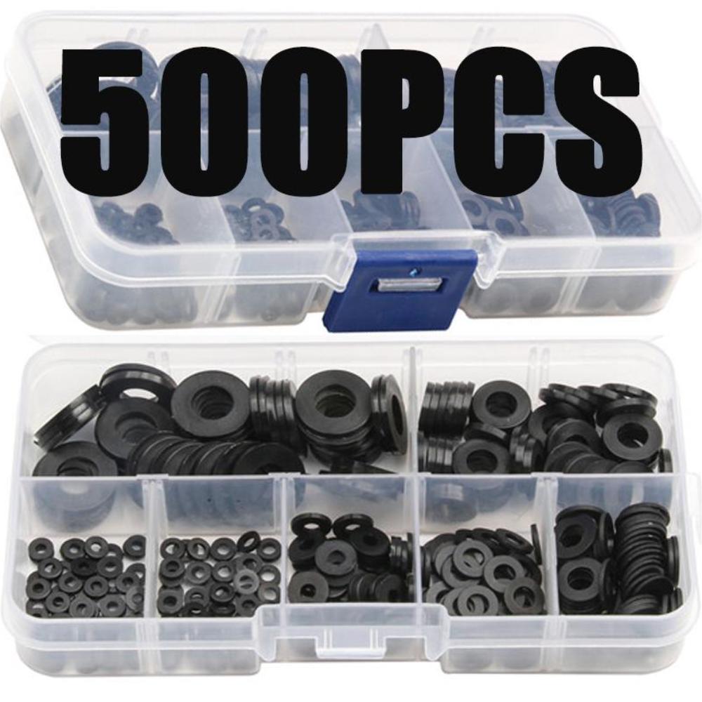 500 piece set of plastic sealing washers in various sizes (M2, M2.5, M3, M4, M5, M6, M8) for fastening.