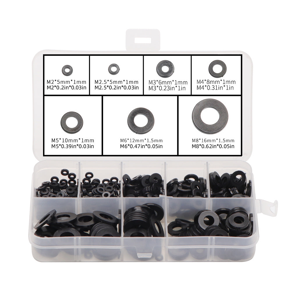 500 piece set of plastic sealing washers in various sizes (M2, M2.5, M3, M4, M5, M6, M8) for fastening.