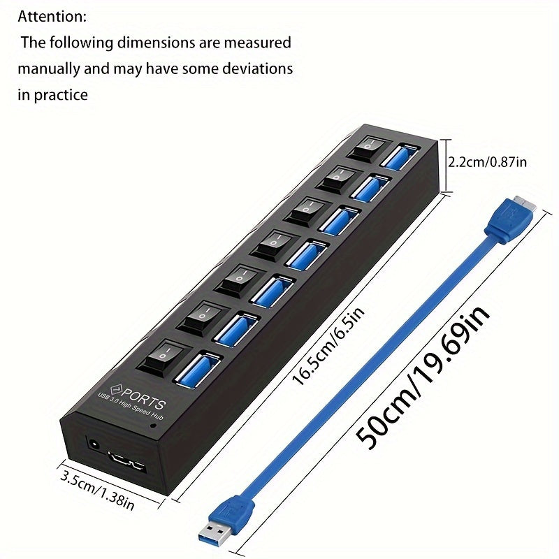 USB 3.0 хаб с 7 портами, светодиодный переключатель, быстрая передача данных, универсальная совместимость, прочный дизайн, не требуется батарея.