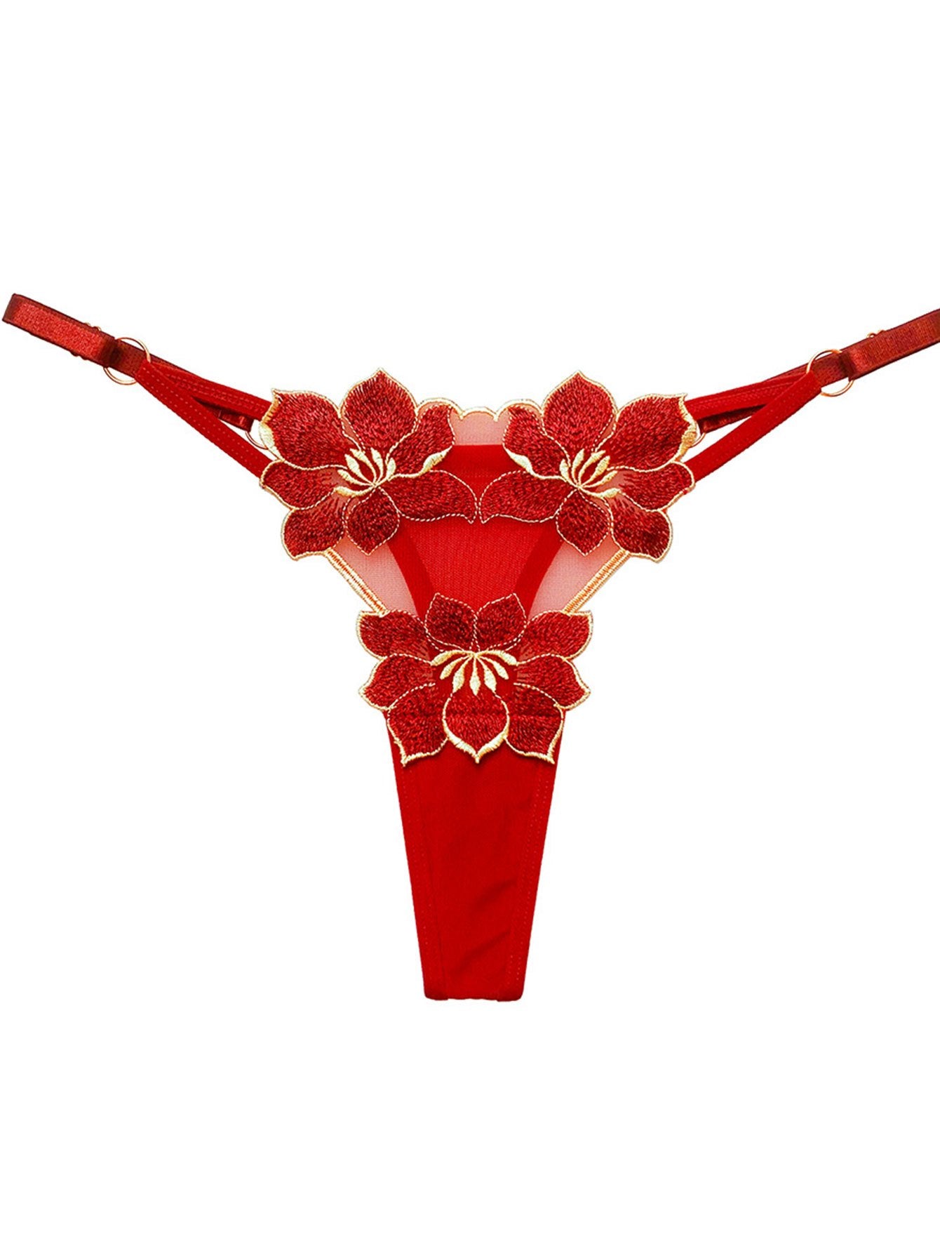 Women's sexy lingerie and underwear with floral embroidery thongs and hollow ring linked panties.