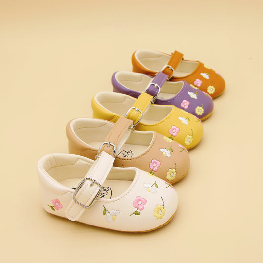 Embroidered flower Mary Jane shoes for baby girls, comfy lightweight non-slip flat sole shoes for indoor/outdoor parties in Autumn.