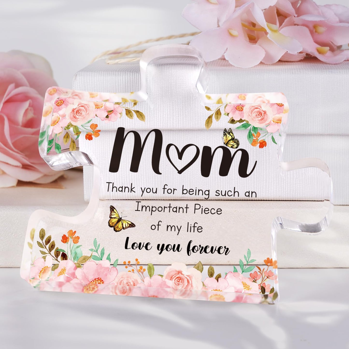 Engraved acrylic block puzzle plaque decorations make a thoughtful birthday gift for Mom.