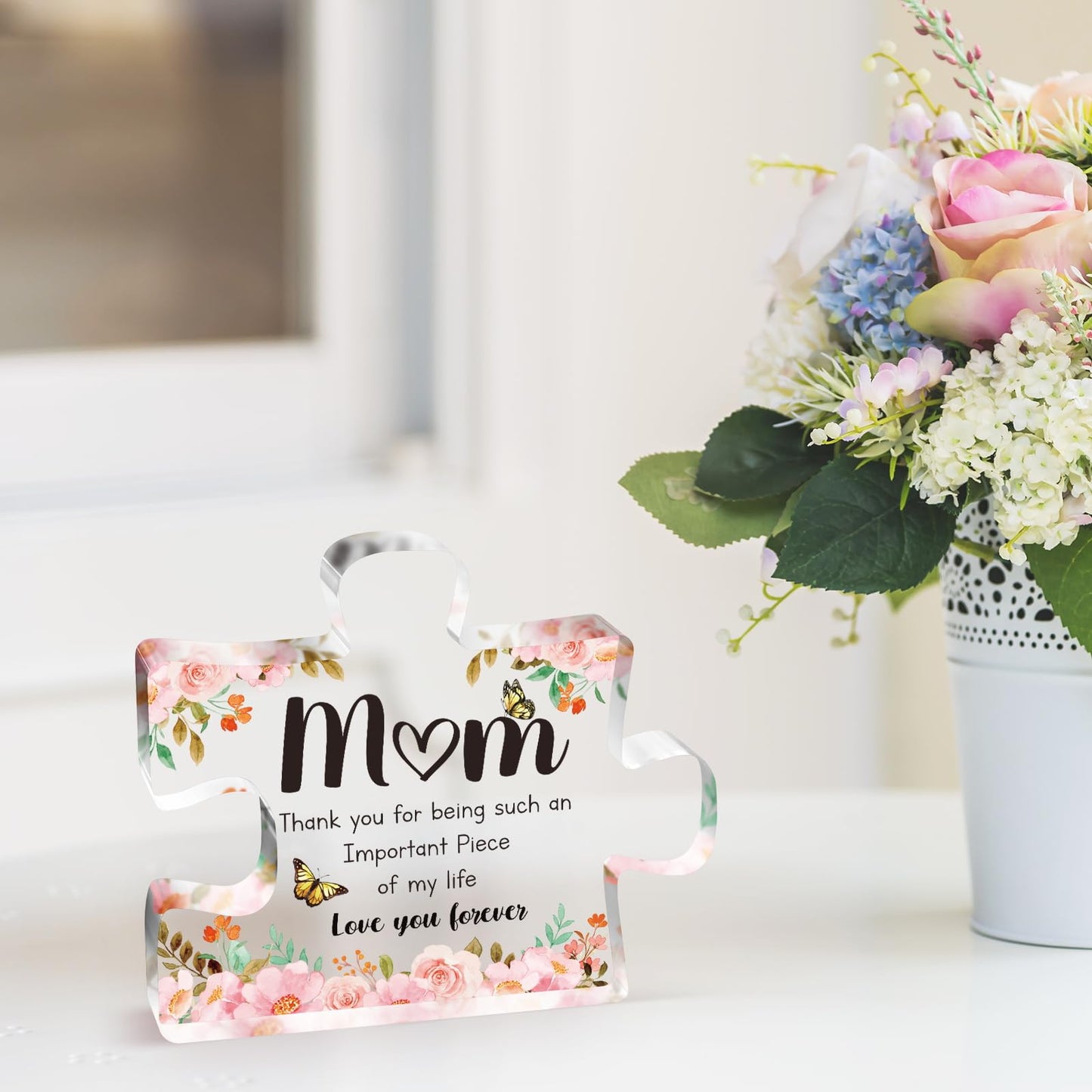 Engraved acrylic block puzzle plaque decorations make a thoughtful birthday gift for Mom.