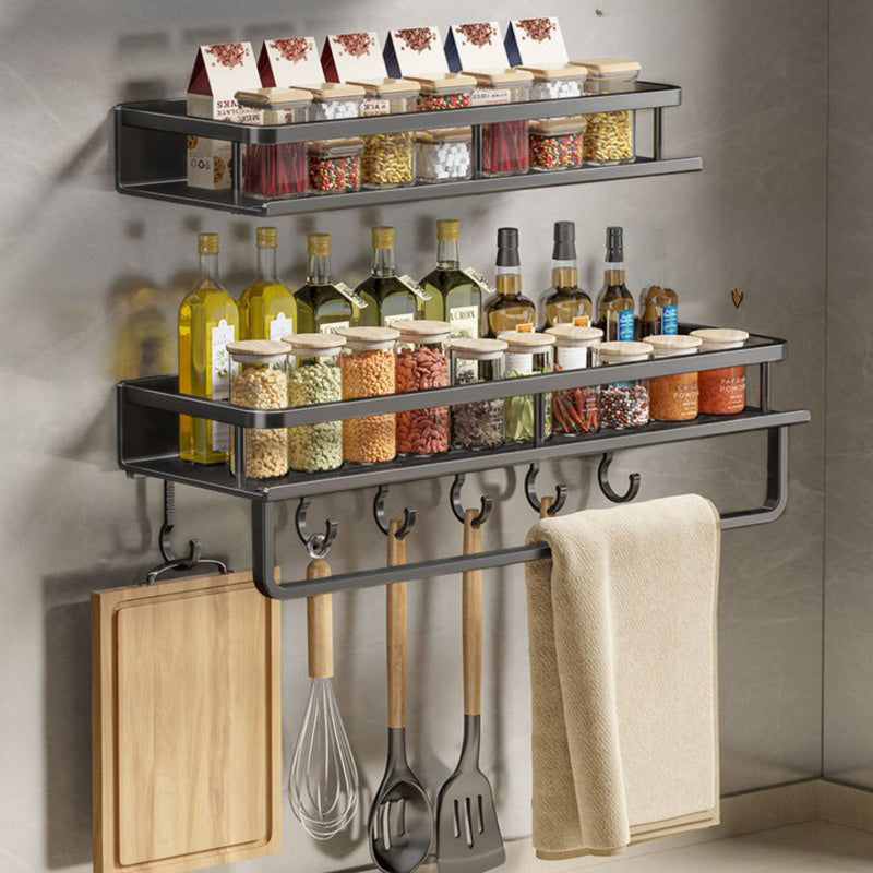 Multi-functional Kitchen Shelf Organizer with Spice Storage Rack, Wall-mounted for Spatula and Spoon Hooks, Towel Bar; Perfect for Kitchen and Bathroom Storage