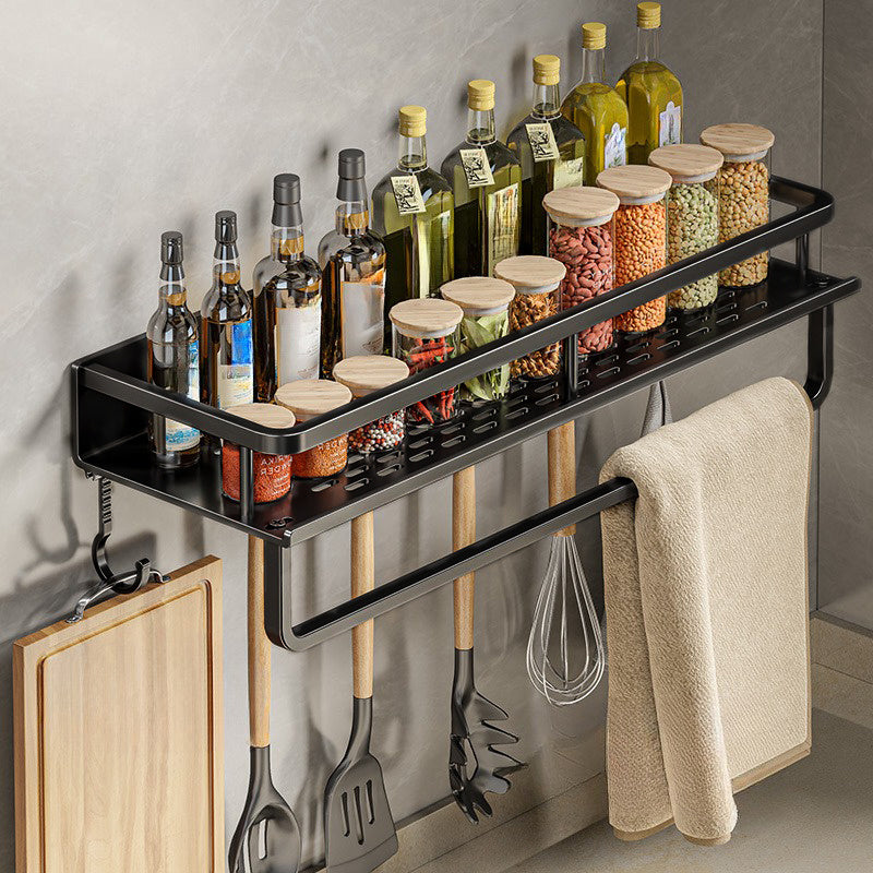 Multi-functional Kitchen Shelf Organizer with Spice Storage Rack, Wall-mounted for Spatula and Spoon Hooks, Towel Bar; Perfect for Kitchen and Bathroom Storage