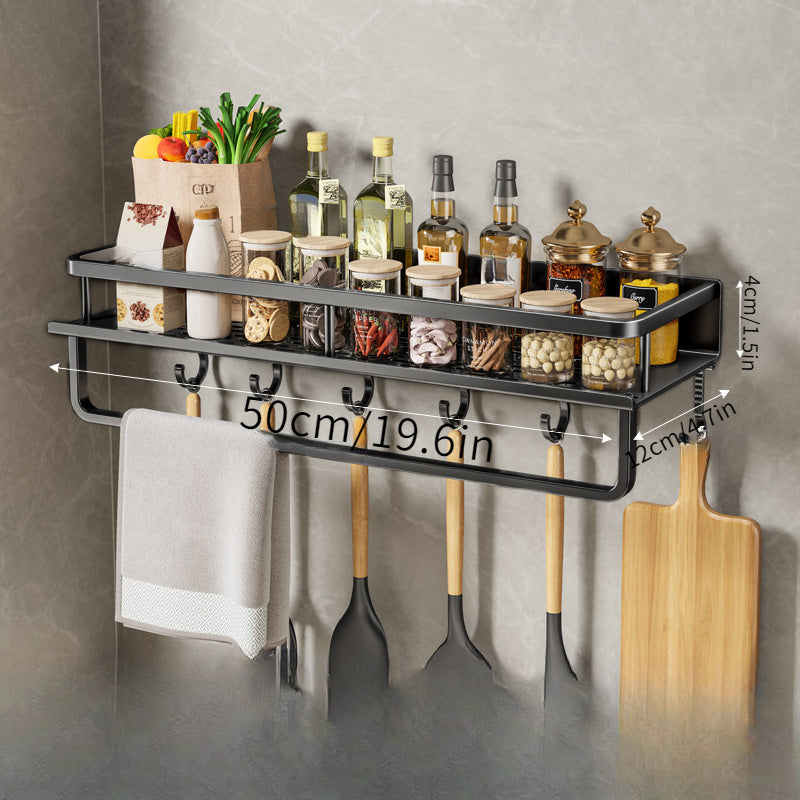 Multi-functional Kitchen Shelf Organizer with Spice Storage Rack, Wall-mounted for Spatula and Spoon Hooks, Towel Bar; Perfect for Kitchen and Bathroom Storage