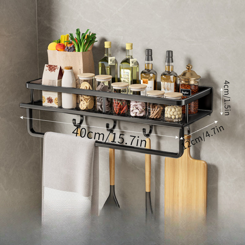 Multi-functional Kitchen Shelf Organizer with Spice Storage Rack, Wall-mounted for Spatula and Spoon Hooks, Towel Bar; Perfect for Kitchen and Bathroom Storage