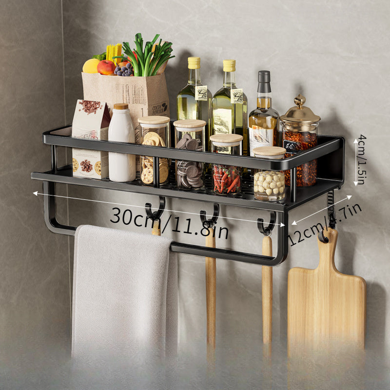 Multi-functional Kitchen Shelf Organizer with Spice Storage Rack, Wall-mounted for Spatula and Spoon Hooks, Towel Bar; Perfect for Kitchen and Bathroom Storage