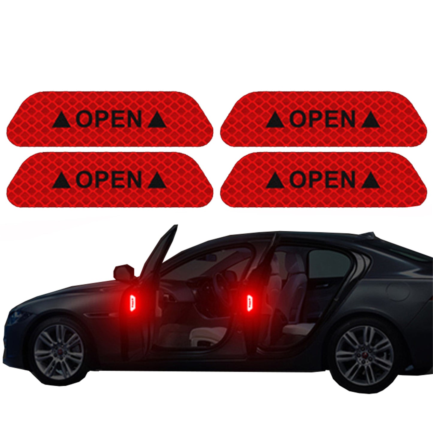 4 reflective car door stickers for safety warning and visibility. Perfect for exterior or interior car accessories.