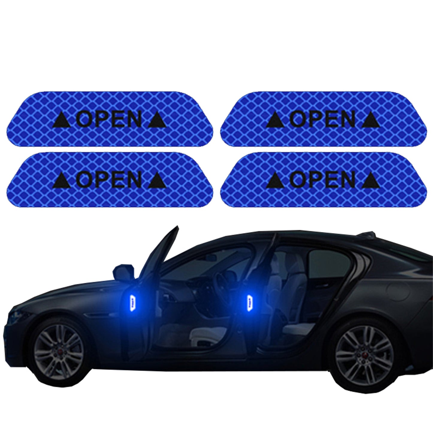 4 reflective car door stickers for safety warning and visibility. Perfect for exterior or interior car accessories.