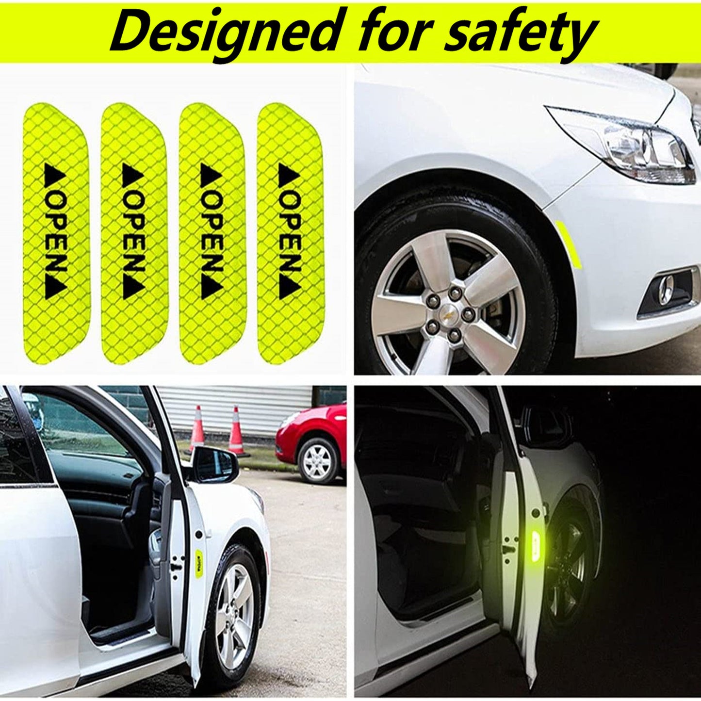 4 reflective car door stickers for safety warning and visibility. Perfect for exterior or interior car accessories.