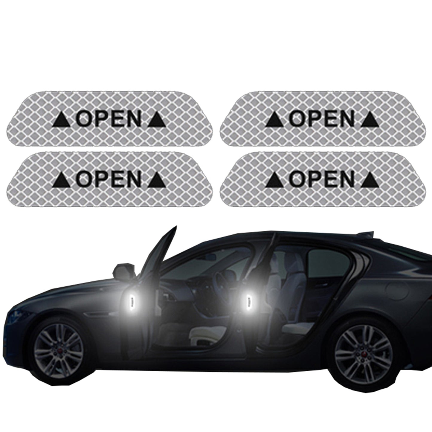 4 reflective car door stickers for safety warning and visibility. Perfect for exterior or interior car accessories.