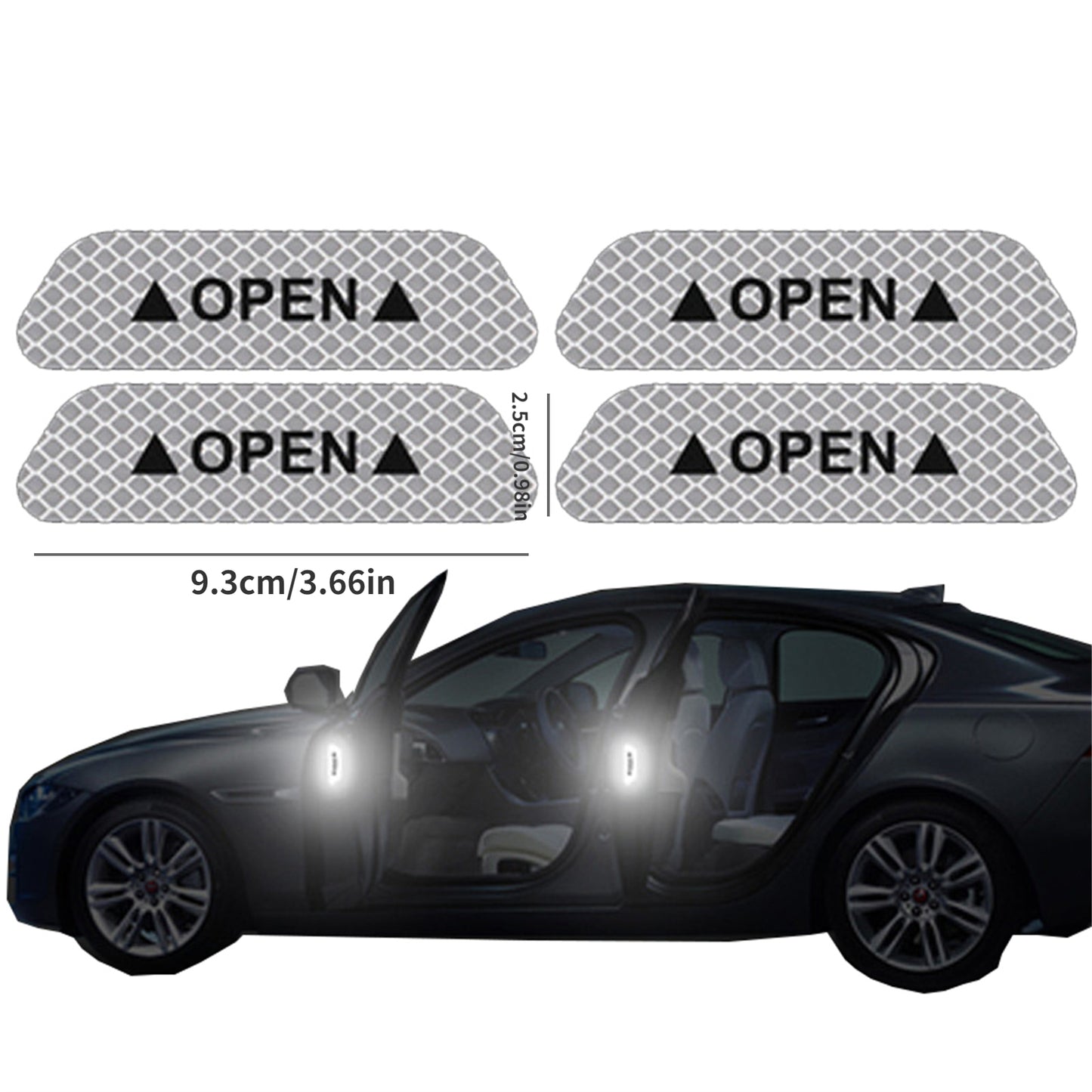 4 reflective car door stickers for safety warning and visibility. Perfect for exterior or interior car accessories.