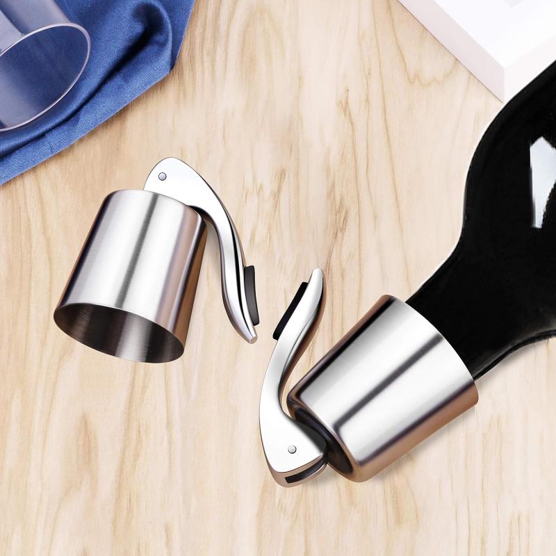 Stainless steel wine bottle stopper with silicone seal for fresh, reusable sealing. Ideal gift set for wine storage.