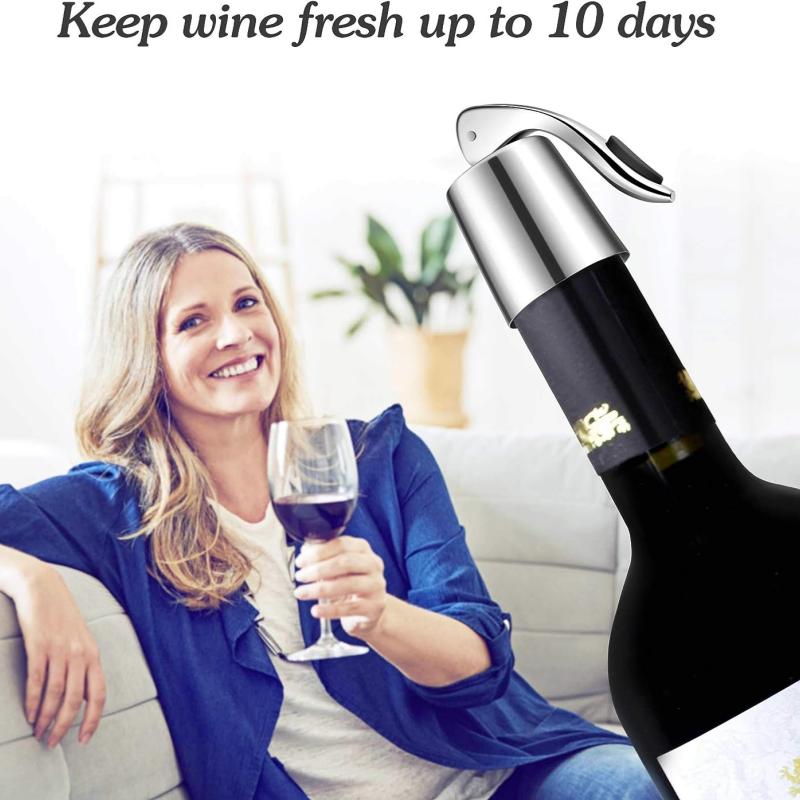 Stainless steel wine bottle stopper with silicone seal for fresh, reusable sealing. Ideal gift set for wine storage.