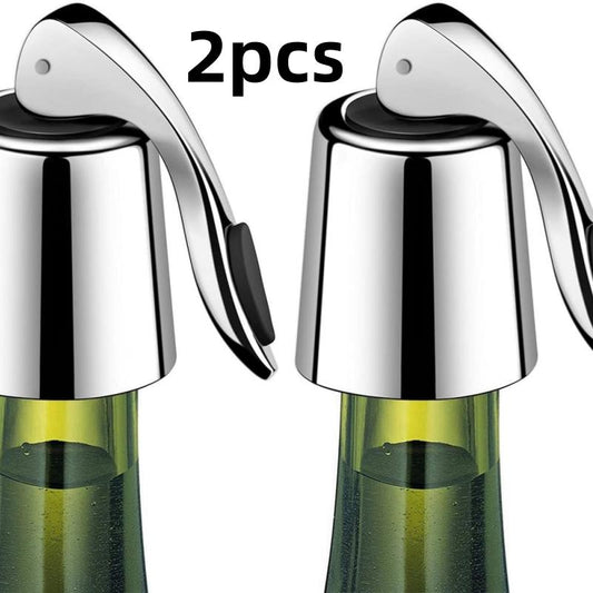 Stainless steel wine bottle stopper with silicone seal for fresh, reusable sealing. Ideal gift set for wine storage.