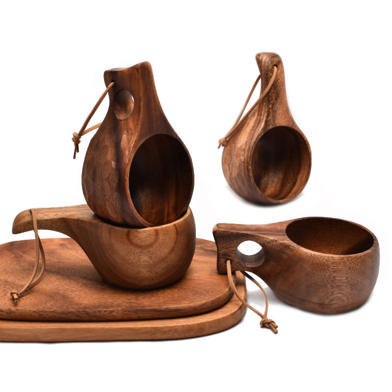 Handmade acacia wood coffee mugs with rope handle, perfect for camping and kitchen use.