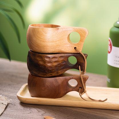 Handmade acacia wood coffee mugs with rope handle, perfect for camping and kitchen use.